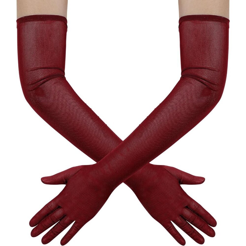 Women's Tulle Burgundy Long Stretchy Gloves Halloween Party Wedding Costume